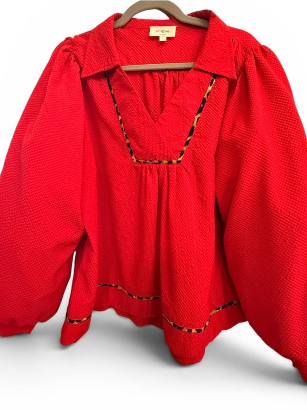 Umgee Bright Red V-Neck Textured Peasant Blouse with Leopard Trim - Picture 2 of 5